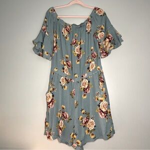 XHILARATION Sage Color Floral Print Short Sleeve Off the Shoulder Romper SZ/XL